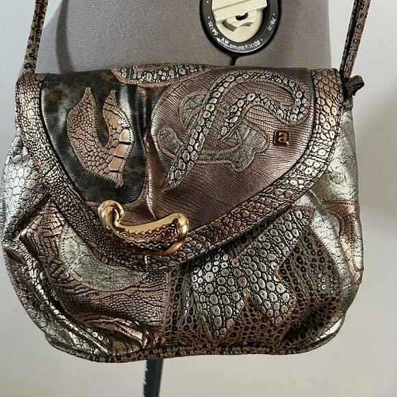 VTG NAS Patchwork Faux Frog Leather Multicolor Metallic Crossbody Bag - Picture 4 of 12